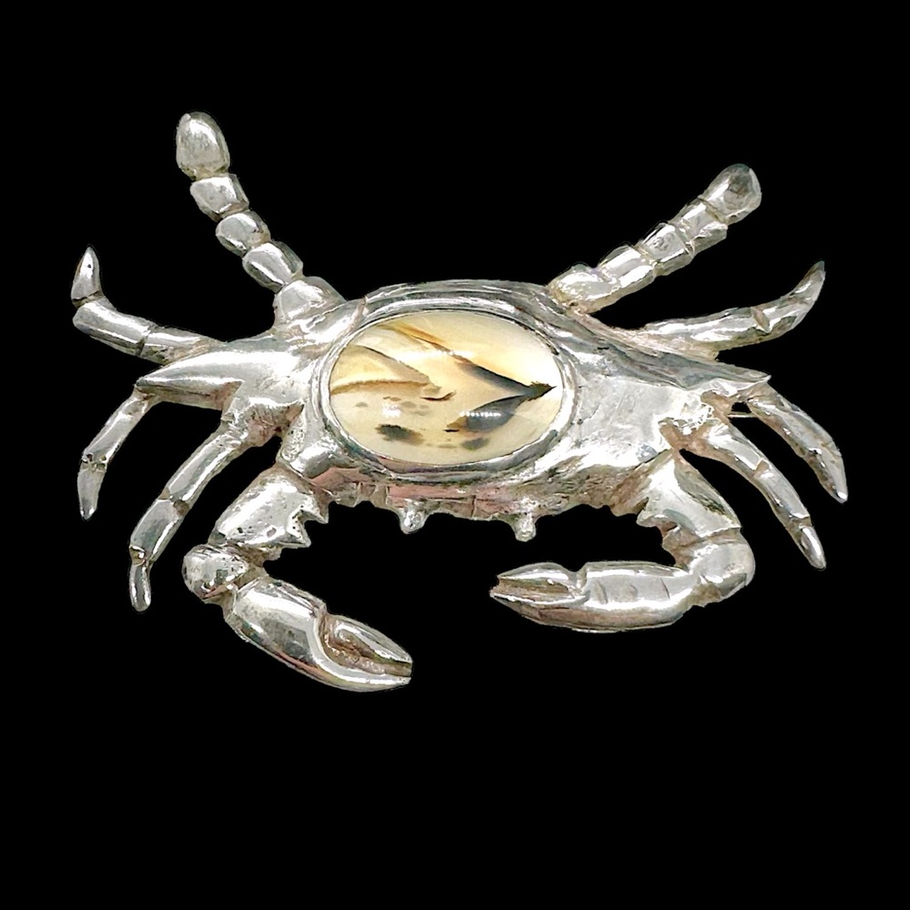 Gorgeous Vintage Large Moss Agate Figural Crab Brooch